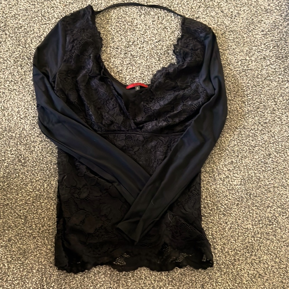 Black v neck lace front and back long sleeve dress shirt from Buckle